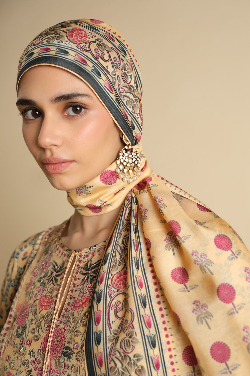 Demoiselle Printed Silk Stole - Yellow, Yellow, image 1